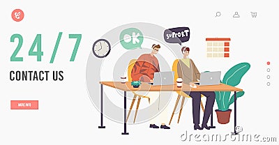 Hotline Operators Help Clients Online Landing Page Template. Smiling Call Center Receptionists Characters Wear Headset Vector Illustration