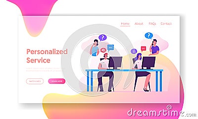 Hotline Operators Help Clients Solve Problems Website Landing Page. Smiling Friendly Call Center Receptionists Vector Illustration