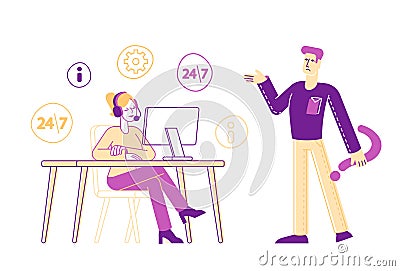 Hotline Service, Call Center Staff Female Character in Headset Chatting with Male Customer on Computer Vector Illustration