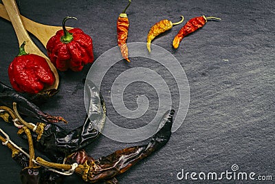 Hottest pepper in the world. Trinidad Scorpion Butch, thousands of times more spicy than Habanero. On black slate background, with Stock Photo