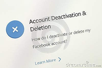 Closeup of the FAQ area about desactivation or deletion facebook account Editorial Stock Photo