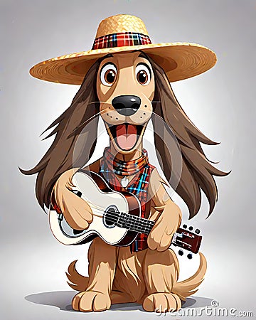 Hound dog guitar player singing blues music Cartoon Illustration