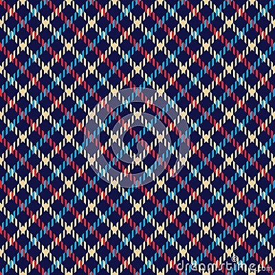 Houndstooth pattern in blue, red, beige. Colorful dark traditional abstract background texture for dress, skirt, jacket. Vector Illustration