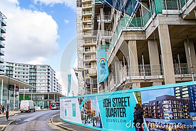 HOUNSLOW, LONDON, ENGLAND- 17th February 2021: High Street Quarter Hounslow development hoarding and Thank you NHS flag Editorial Stock Photo