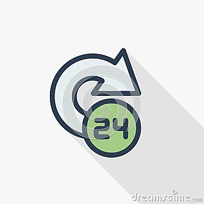 24 hour, around the clock, day and night thin line flat color icon. Linear vector symbol. Colorful long shadow design. Vector Illustration