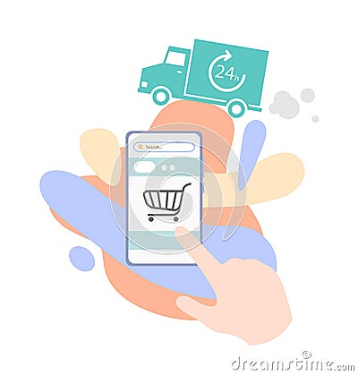24 hour delivery service online shopping, flat illustration of shopping on online shop using mobile phone Vector Illustration