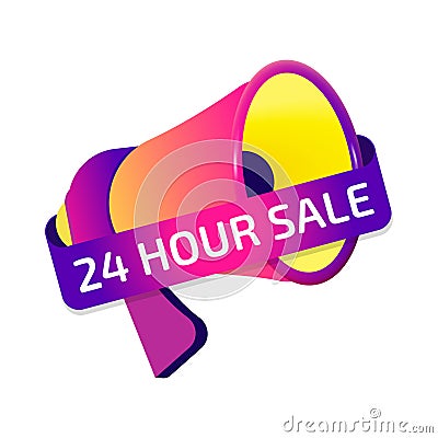 24 Hour Sale banner label, badge icon with megaphone. Flat design Vector Illustration