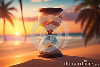 hourglass on a beach, summer accommodation concept with falling sand ai generative Stock Photo