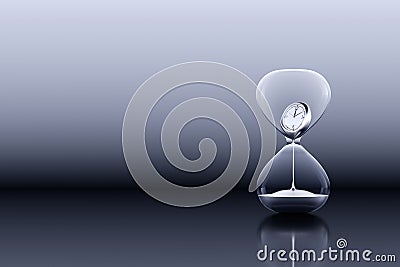 lifetime hourglass with clock inside past present future Is dissolving into liquid Flow down when the time is running out. Stock Photo