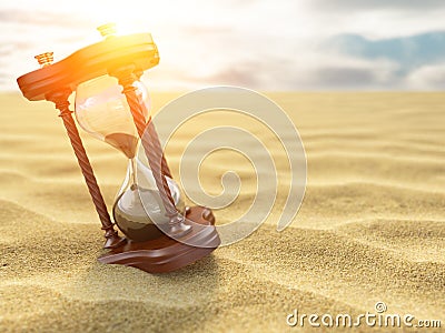 Hourglass clock on sand of desert background. Cartoon Illustration