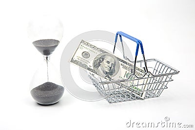 Hourglass, dollars and shopping cart for market groceries on white background Stock Photo