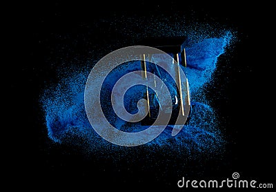 Hourglass fly float in mid air. Life is blue sand around hourglass to add more limited time. Deadline extended time management Stock Photo