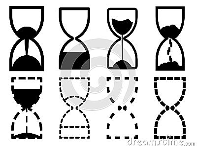 Hourglass icon set. Sandglass timer. Black contours of an hourglass. Sand timer. Symbol of time and waiting Vector Illustration