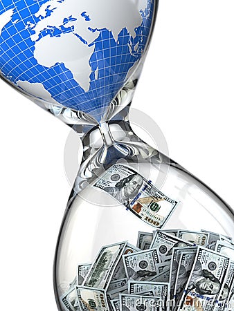 Hourglass, money and earth. Consumption of natural resources. Stock Photo