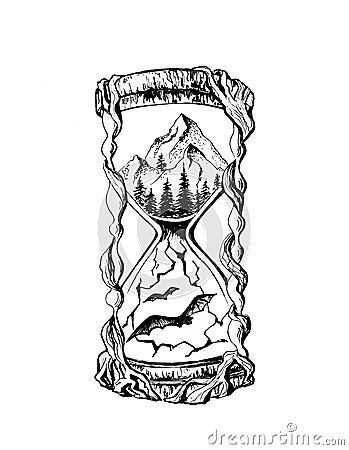 Hourglass - mountains and a cave with bats. Stock Photo