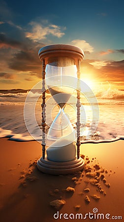 An hourglass resting on a sandy beach, capturing the passage of time Stock Photo