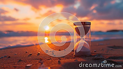 An hourglass rests on the beach, its sands gently falling against a breathtaking sunset backdrop. Ai Generated Stock Photo