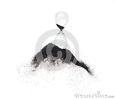 Hourglass and Sand fly in mid air, add more sand of time on gold sand over white background. Black hourglass show more time Stock Photo