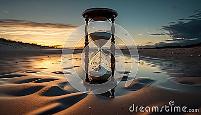 an hourglass sitting on top of a sandy beach at sunset. Stock Photo