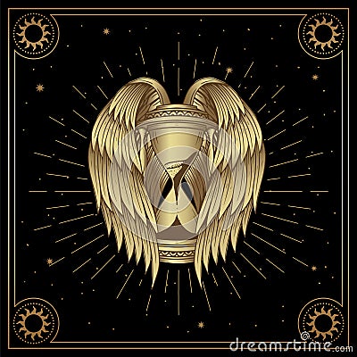 Hourglass with wings gold color in engraving, luxury style for tattoo, tarot reader Vector Illustration