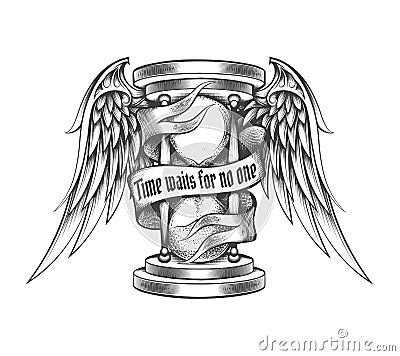 Hourglass with Wings and Ribbon Tattoo in Engraving Style Vector Illustration