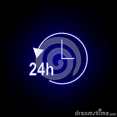 24 hours arrow circle clock icon in blue neon style.. Elements of time illustration icon. Signs, symbols can be used for web, logo Cartoon Illustration