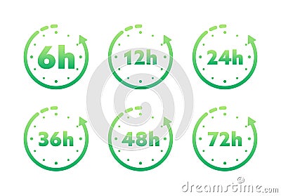 12, 24, 36, 48 and 72 hours clock arrow. Working and Delivery service effect time icons. Order execution. Vector stock Vector Illustration