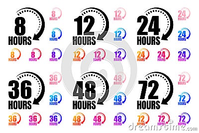 8, 12, 24, 36, 48, 72 hours customer service. Round the clock support symbol. Round colourful icons. Vector illustration Vector Illustration