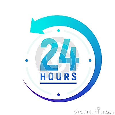 24 hours a day icon. Green clock icon around work. Service time support 24 hour per day Vector Illustration