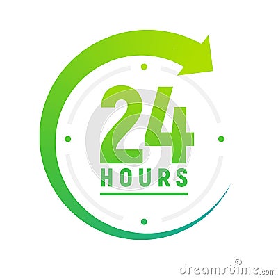 24 hours a day icon. Green clock icon around work. Service time support 24 hour per day Stock Photo