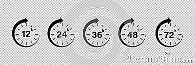 12, 24, 36,48 and 72 hours icon. Vector isolated service icons on transparent background. Clock arrow vector icon. Vector hours Stock Photo