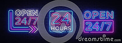 24 hours Neon signboards set Vector. Open all day neon signs, design template, modern trend design, night bright Vector Illustration