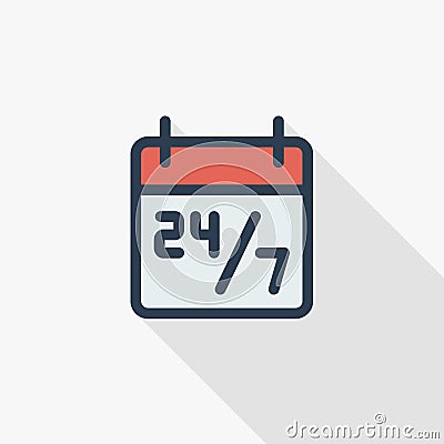 24 7 hours service, schedule on calendar thin line flat color icon. Linear vector symbol. Colorful long shadow design Vector Illustration