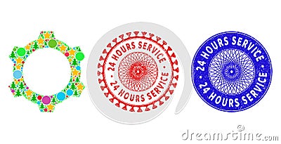 24 Hours Service Textured Stamps and Gear Mosaic of Christmas Symbols Vector Illustration