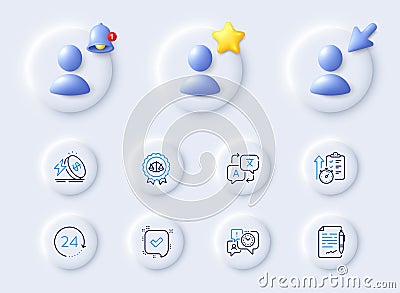 24 hours, Timer and Translate line icons. For web app, printing. Vector Vector Illustration