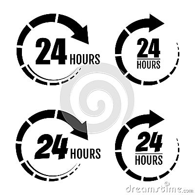 24 hours of work. 24 hours order execution or delivery service icons. Open round the clock icon, isolated on white background. Vector Illustration