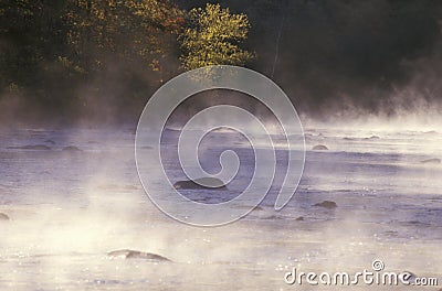 Housatonic River with Morning Mist, Connecticut Stock Photo