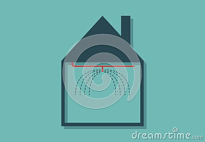 House with activated water sprinkler system Vector Illustration