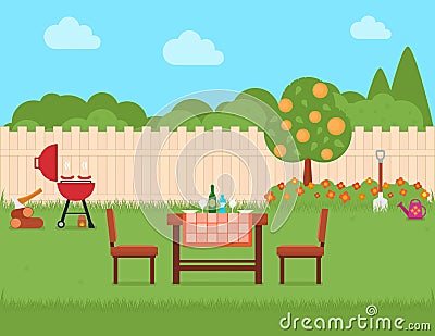 House backyard with grill and garden Vector Illustration