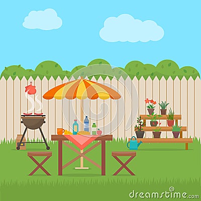 House backyard with grill. Vector Illustration