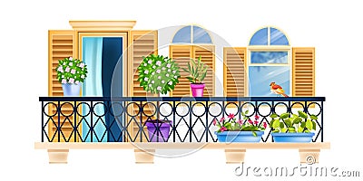 House balcony, old town vector facade window architecture illustration, railing, wooden shutters, bird, home plants. Vector Illustration