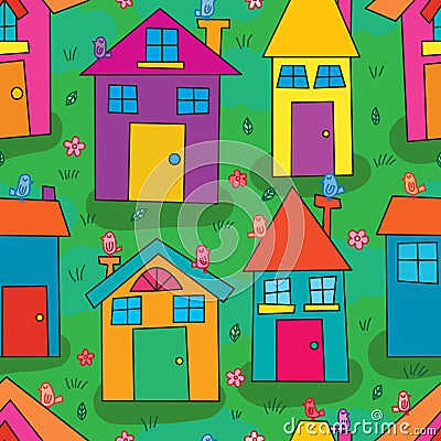 House bird stylish colorful green land seamless pattern Vector Illustration