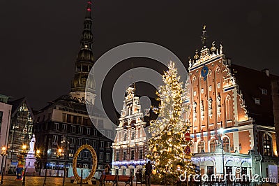 House of the Blackheads by night. Riga, Latvia Editorial Stock Photo