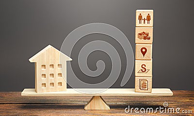 House and blocks of real estate parameters on scales. Searching for a suitable house by criteria. Realtor services. Price, area Stock Photo