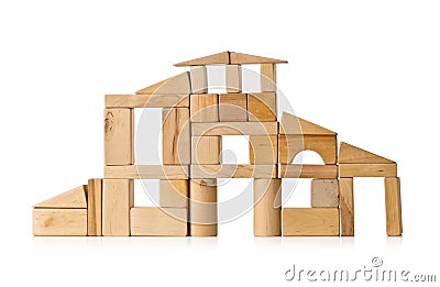 House build from wooden building block pieces over white Stock Photo
