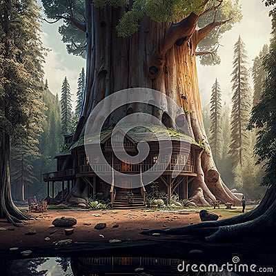 A house built in a huge tree Cartoon Illustration