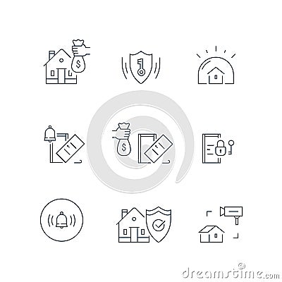 House video camera surveillance, alarm guard system, home security, burglary protection, property break in insurance, stroke icon Vector Illustration