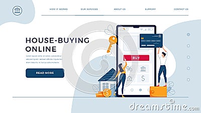 House buying online homepage template. Family buys a home, paying by credit card. Property web purchase, house loan Vector Illustration