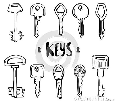 House and car key doodles of hand drawn keys Vector Illustration