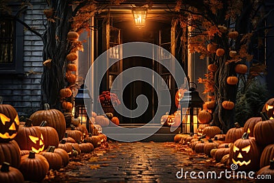 house with a castle-like entrance, a vibrant path leading to it, carved pumpkin faces Cartoon Illustration